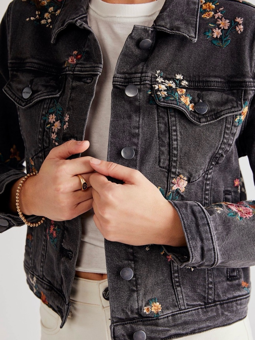 Free People x Driftwood Spring Nights Trucker Jacket Small Floral Embroidered
